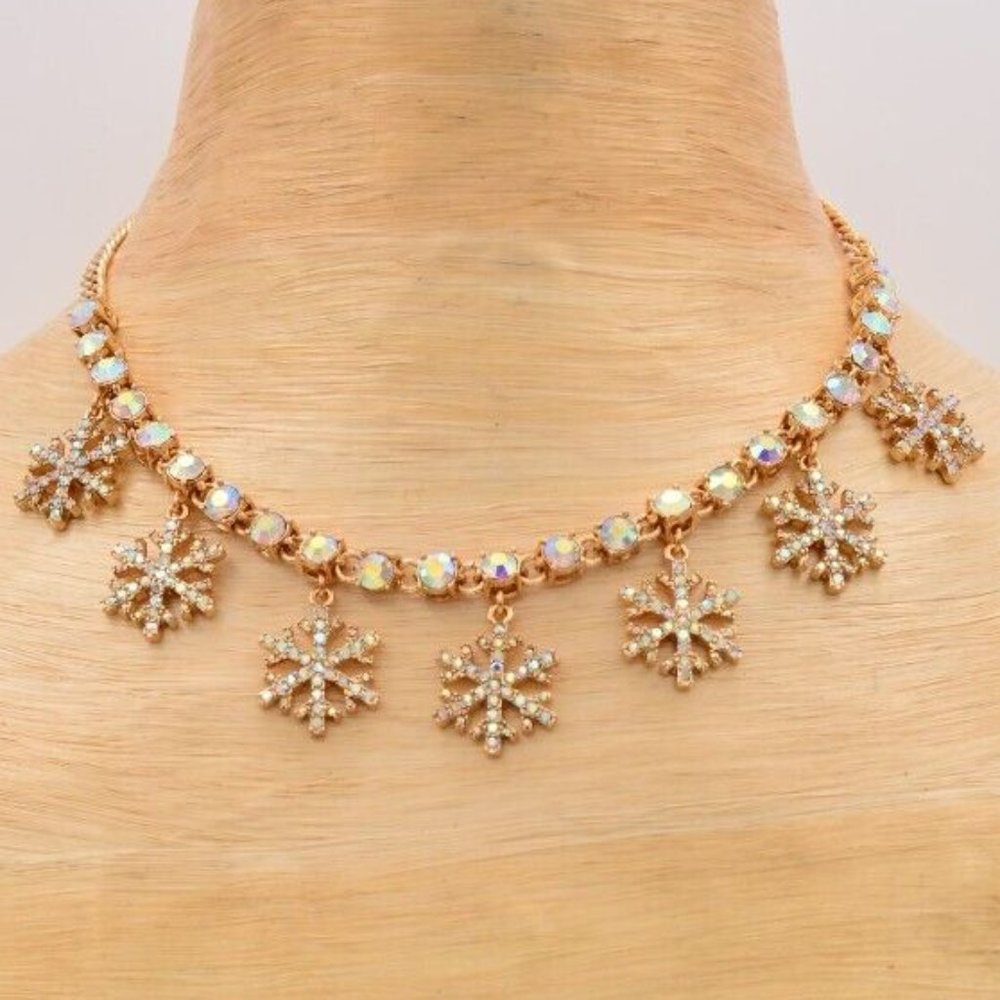 NEW Betsey Johnson Snowflake Necklace Gold AB Crystals Christmas Authentic